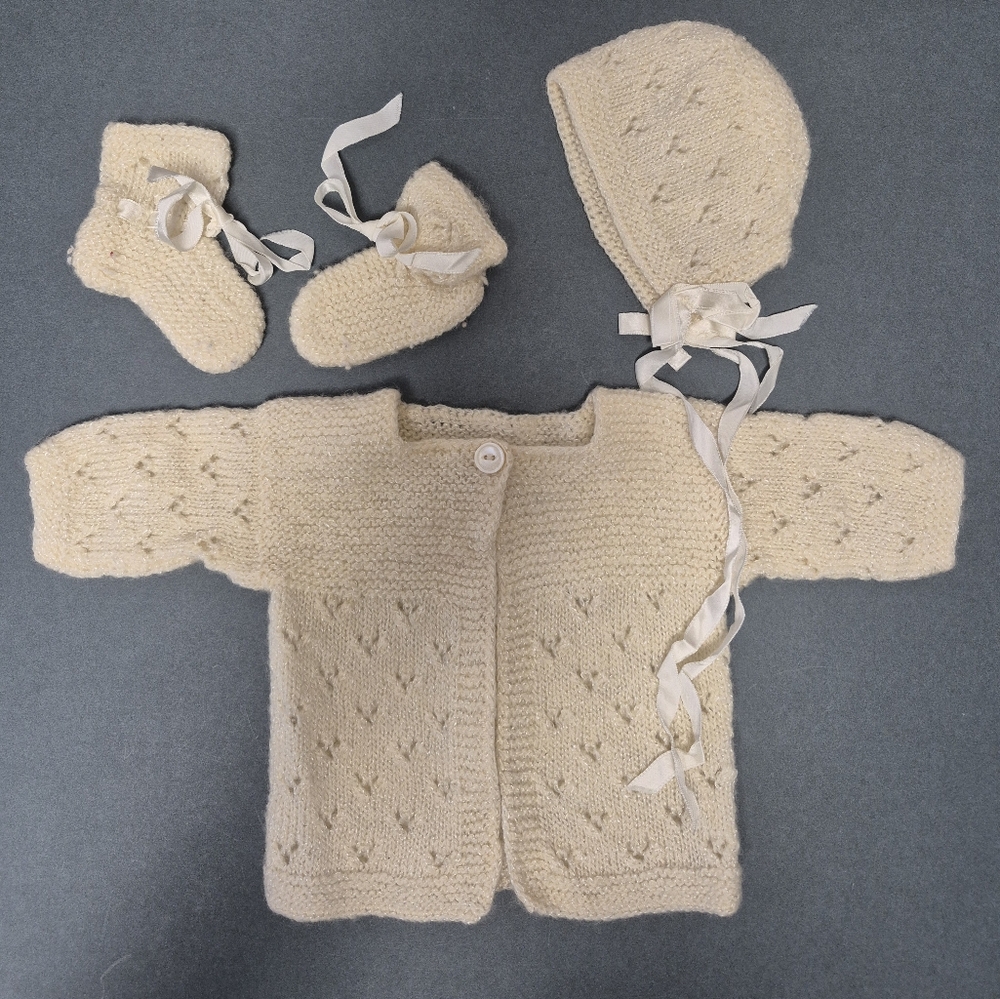 Vintage 60s Handmade Cream Newborn Baby Cardigan, Bonnet, Bootie Set